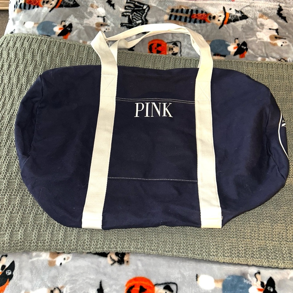 Pink by Victoria's Secret Canvas Duffle Bag Navy Weekender Travel Logo